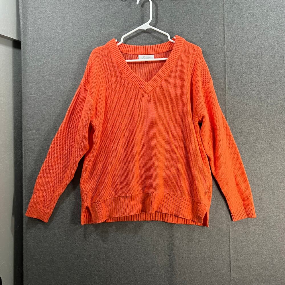 Encore by Idina Menzel Relaxed Cotton V-Neck Sweater Coral Size Medium